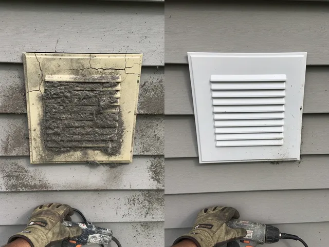 Rocky Hill Dryer Vent Cleaning technician installing high-quality dryer vent cover at a residential property in Rocky Hill